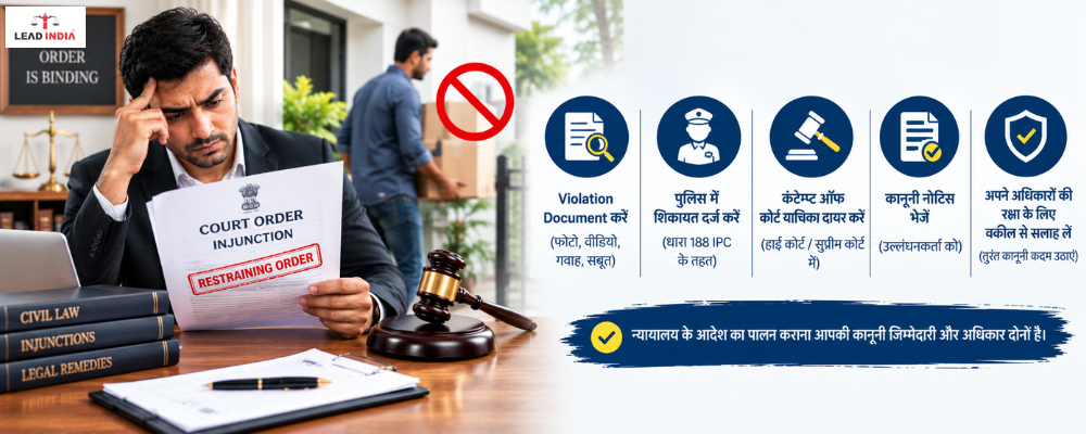 Is a court injunction order being violated? What legal action should be taken immediately?